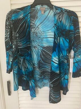 Chico's Blue and Black Floral Open-Front Cardigan